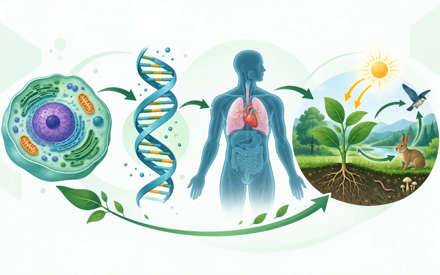 A study journey connecting a eukaryotic cell, DNA, human physiology, and an ecosystem